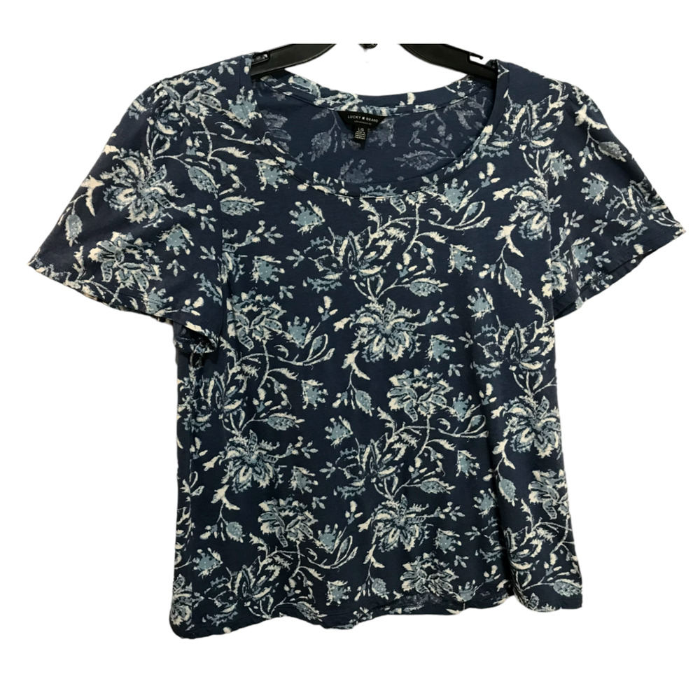 Lucky Brand Size Large Blue White Floral Knit Top Scoop Neck Short Sleeve Shirt